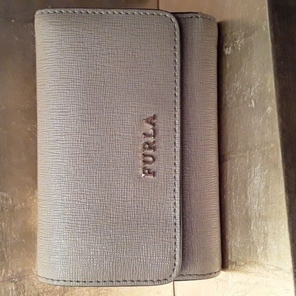 Furla gray leather compact wallet with silver logo